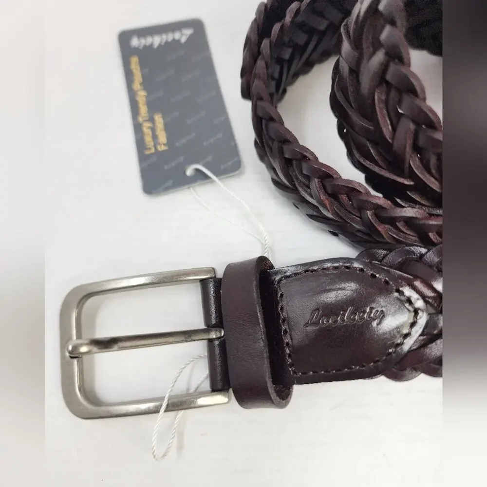 New Locikeiy Brown Men's Braided Belt Casual‎ Silver Buckle Gift Box NWT Size 44